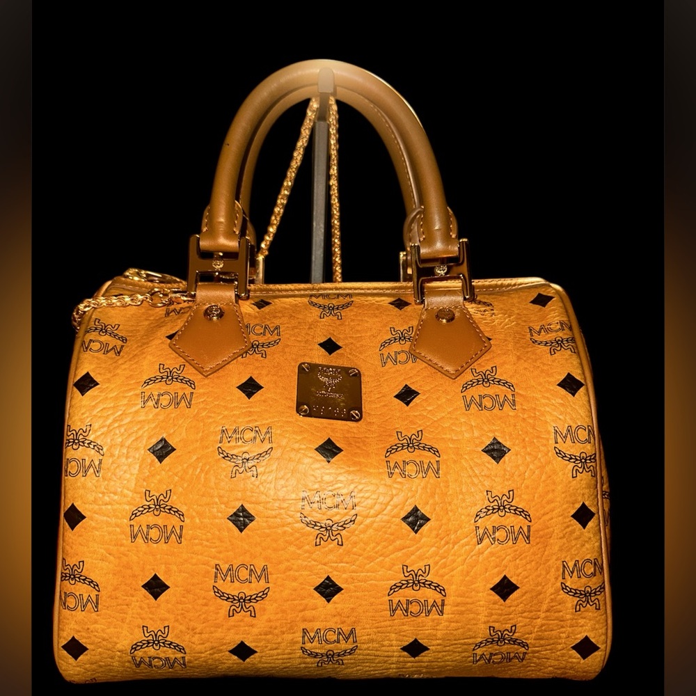 MCM signature monogram Boston bag! Pristine condition! w/ gold crossbody chain!